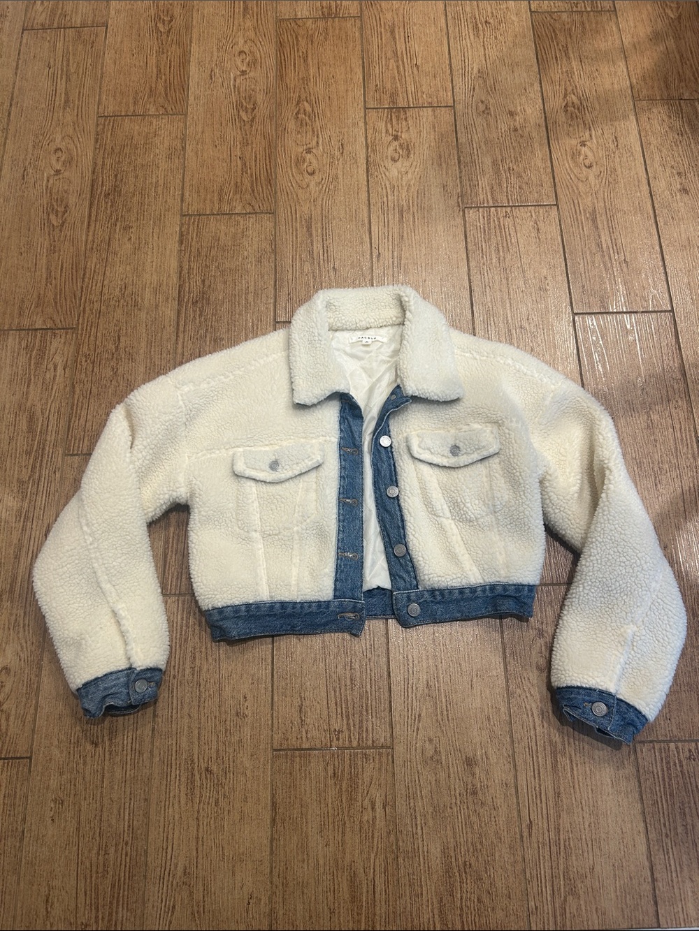 PacSun Cream Sherpa Jacket with Blue Denim Trim